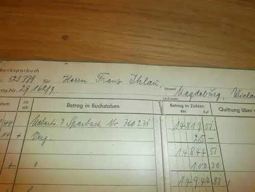 altes Sparbuch Magdeburg , 1944 - 1946 , Franz Ihlau in Magdeburg , Sparkasse , Bank !!!