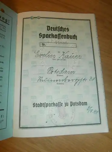 altes Sparbuch Potsdam , 1941 - 1945 , Evelin Kaiser in Potsdam , Sparkasse , Bank !!!