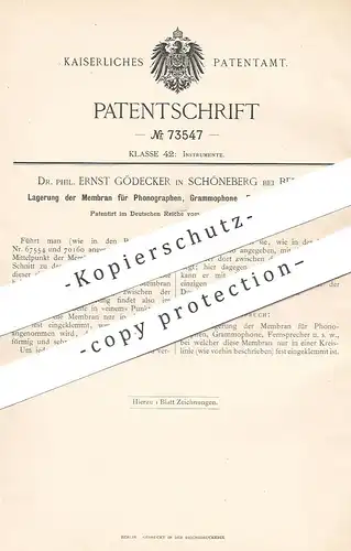 original Patent - Dr. Phil. Ernst Gödecker , Berlin / Schöneberg 1893 | Lagerung der Membran für Phonograph , Grammophon