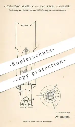 original Patent - Alessandro Armellini , Emil Kerbs , Mailand , Italien 1897 , Luftzuführung bei Bunsenbrenner | Brenner