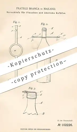 original Patent - Fratelli Branca , Mailand , Italien , 1898 , Verschluss für Flaschen , Gefäße | Flasche , Korken !!!