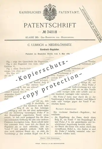 original Patent - C. Ulbrich , Niederlössnitz , 1885 , Gasdruck - Regulator | Gas , Brenner , Lampe , Gasbrenner !!