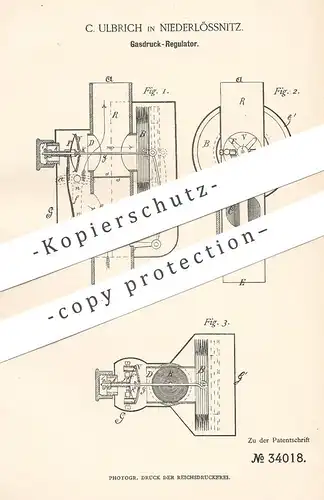 original Patent - C. Ulbrich , Niederlössnitz , 1885 , Gasdruck - Regulator | Gas , Brenner , Lampe , Gasbrenner !!