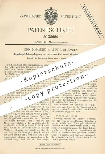original Patent - Chn. Mansfeld , Leipzig / Reudnitz , 1886 , Doppelkegel - Reibungskupplung | Kupplung , Bremse !!!
