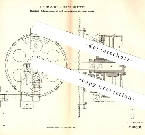 original Patent - Chn. Mansfeld , Leipzig / Reudnitz , 1886 , Doppelkegel - Reibungskupplung | Kupplung , Bremse !!!