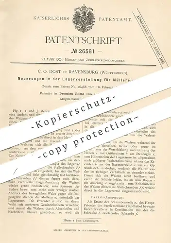 original Patent -  C. O. Dost , Ravensburg , 1883 , Lagerverstellung für Müllerei - Walzen | Walze , Mühle , Mühlen !!!