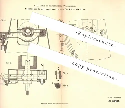 original Patent -  C. O. Dost , Ravensburg , 1883 , Lagerverstellung für Müllerei - Walzen | Walze , Mühle , Mühlen !!!