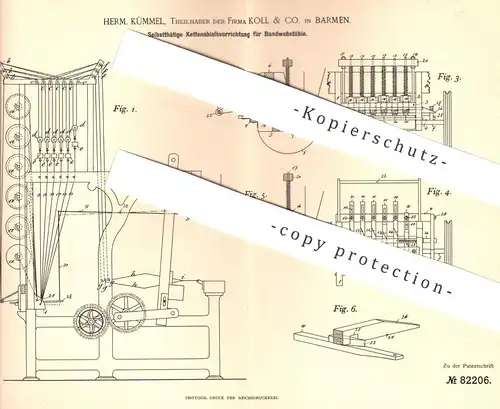 original Patent - Herm. Kümmel | Koll & Co. , Barmen  1894 , Kettenablassvorrichtung für Bandwebstuhl | Webstuhl , Weber