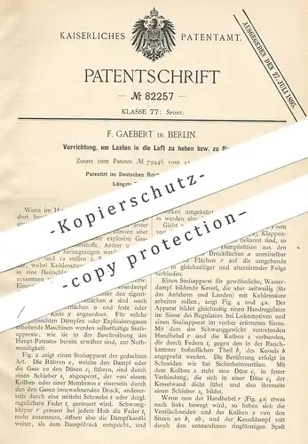 original Patent - F. Gaebert , Berlin , 1894 , Lasten in die Luft heben , fliegen | Flugmaschine mit Wasserdampf | Sport