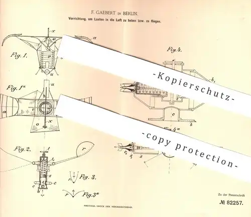 original Patent - F. Gaebert , Berlin , 1894 , Lasten in die Luft heben , fliegen | Flugmaschine mit Wasserdampf | Sport