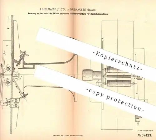 original Patent - J. Heilmann & Co. , Mülhausen / Elsass , 1886 , Schutz an Holz - Hobelmaschine | Hobel , Tischler !!