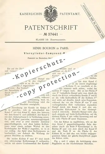 original Patent - Henri Bouron , Paris , Frankreich , 1886 , Vierzylinder - Compound - Maschine | Dampfmaschine , Motor