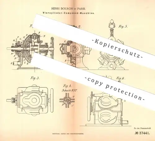 original Patent - Henri Bouron , Paris , Frankreich , 1886 , Vierzylinder - Compound - Maschine | Dampfmaschine , Motor