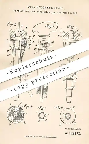 original Patent - Willy Nitschke , Berlin , 1900 , Aufstellen von Schirmen | Schirm , Regenschirm , Sonnenschirm !!!