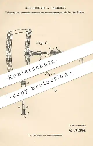 original Patent - Carl Brieger , Hamburg , 1900 , Verbindung von Anschlussschlauch von Fahrrad - Luftpumpe mit Ventil !!