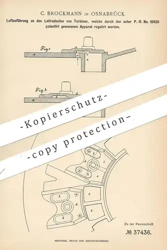 original Patent - C. Brockmann , Osnabrück , 1886 , Luftzuführung bei Turbinen | Turbine | Wasserkraft | Windkraft !!