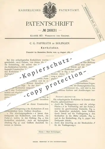 original Patent - C. G. Paffrath , Solingen 1883 , Korkzieher | Korkenzieher | Kork , Korken | Flasche , Messer | Wein