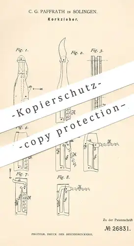 original Patent - C. G. Paffrath , Solingen 1883 , Korkzieher | Korkenzieher | Kork , Korken | Flasche , Messer | Wein