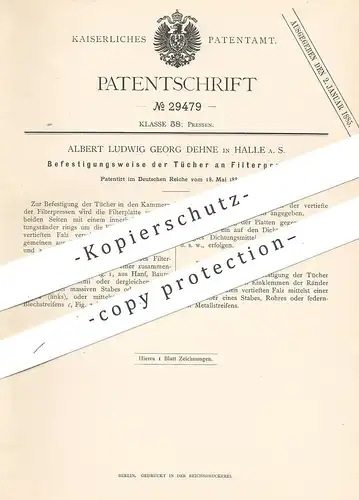 original Patent - Albert Ludwig Georg Dehne , Halle / Saale , 1884 , Tücher an Filterpresse befestigen | Filter - Presse