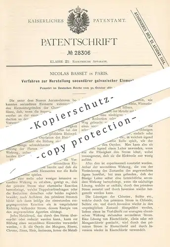 original Patent - Nicolas Basset , Paris , Frankreich 1883 , sekundär galvanische Elemente | Batterie , Elektrik , Strom