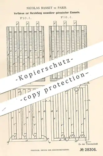 original Patent - Nicolas Basset , Paris , Frankreich 1883 , sekundär galvanische Elemente | Batterie , Elektrik , Strom
