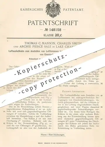 original Patent - Thomas C. Manson , Ch. Smith , Archie Pierce Sale , Lake Charles , USA , Luftbremsen für Eisenbahnen !