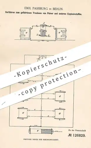 original Patent - Emil Passburg , Berlin , 1900 , Trocknen von Pulver , Schießpulver , Explosionsstoff | Sprengstoff !!