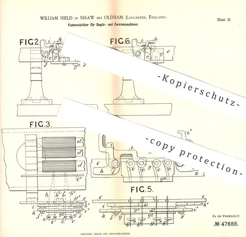 original Patent - William Nield , Shaw / Oldham , Lancaster , England , 1889 , Fadenwächter f. Duplier- u. Zwirnmaschine