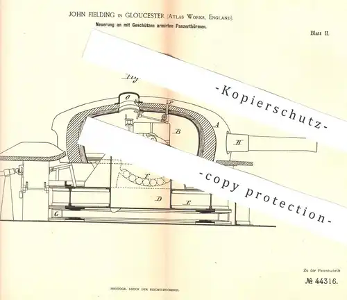 original Patent - John Fielding , Gloucester , Atlas Works , England , 1888 , mit Geschütz armierte Panzertürme | Panzer