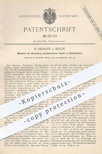 original Patent - M. Heimann , Berlin , 1887 , durchbrochenes Papier in Scheibenform | Papierfabrik , Spitzenpapier !!