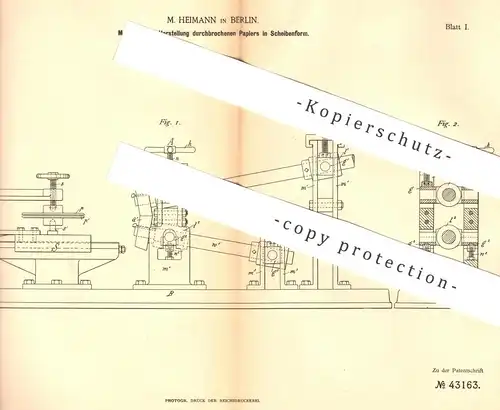 original Patent - M. Heimann , Berlin , 1887 , durchbrochenes Papier in Scheibenform | Papierfabrik , Spitzenpapier !!