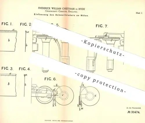 original Patent - Frederick William Cheetham , Hyde , Chester , England , 1884 , Schweißleder am Hut | Hüte , Modist !!