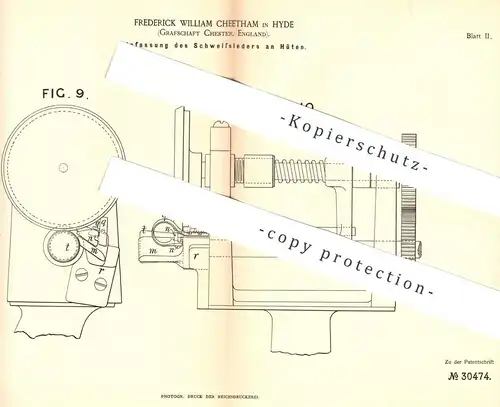 original Patent - Frederick William Cheetham , Hyde , Chester , England , 1884 , Schweißleder am Hut | Hüte , Modist !!