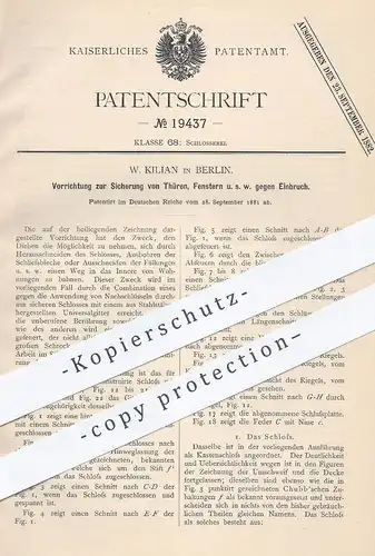 original Patent - W. Kilian , Berlin , 1881 , Sicherung von Türen , Fenster | Tür , Tischler , Fensterbauer , Schloss !!