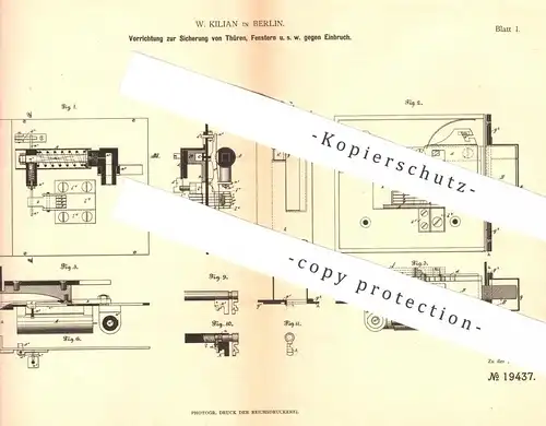 original Patent - W. Kilian , Berlin , 1881 , Sicherung von Türen , Fenster | Tür , Tischler , Fensterbauer , Schloss !!