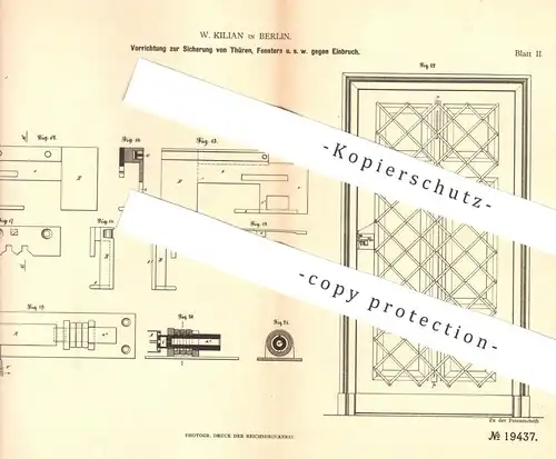 original Patent - W. Kilian , Berlin , 1881 , Sicherung von Türen , Fenster | Tür , Tischler , Fensterbauer , Schloss !!