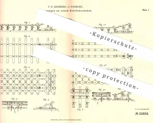 original Patent - P. H. Keseberg , Hamburg , 1882 , Bettfederboden | Bett , Betten , Matratze , Möbel , Möbelbauer !!