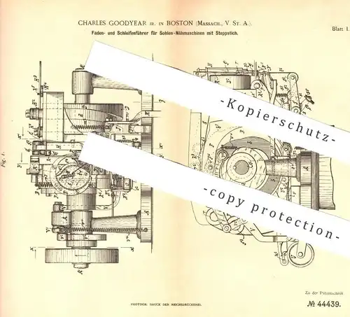 original Patent - Charles Goodyear Junior , Boston , USA , 1887 , Fadenführer für Sohlen - Nähmaschine | Schneider !!