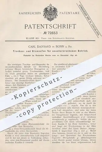 original Patent - Carl Dansard , Bonn / Rhein , 1892 , Trockenofen , Brennofen | Ofen , Öfen , Ofenbauer , Ton , Keramik