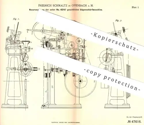 original Patent - Friedrich Schmaltz , Offenbach / Main 1888 , Sägenschärfmaschine | Sägen - Schärfmaschine | Holz Säge