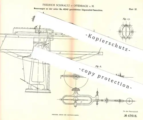 original Patent - Friedrich Schmaltz , Offenbach / Main 1888 , Sägenschärfmaschine | Sägen - Schärfmaschine | Holz Säge