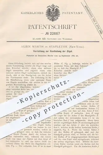 original Patent - Albin Warth , Stapleton , New York , 1882 , Handhabung der Zügel für Kutscher | Pferde - Kusche