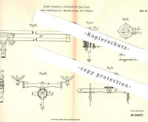 original Patent - Albin Warth , Stapleton , New York , 1882 , Handhabung der Zügel für Kutscher | Pferde - Kusche