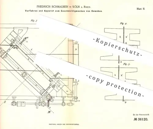 original Patent - Friedrich Schmalbein , Köln / Rhein , 1885 , Geschmeidigmachen von Gewebe | Weben , Weberei !!!