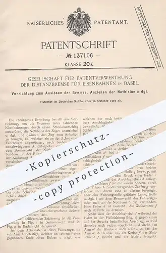 original Patent - Gesellsch. für Patentverwertung der Distanzbremse für Eisenbahnen , Basel , 1900 , Eisenbahn - Bremse