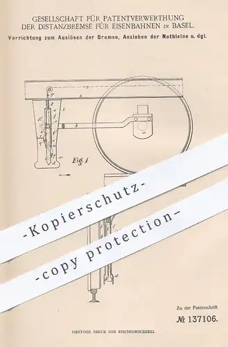 original Patent - Gesellsch. für Patentverwertung der Distanzbremse für Eisenbahnen , Basel , 1900 , Eisenbahn - Bremse