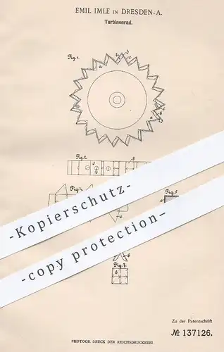 original Patent - Emil Imle , Dresden , 1901 , Turbinenrad m. becherartigen Schaufeln | Turbine , Turbinen , Wasserkraft