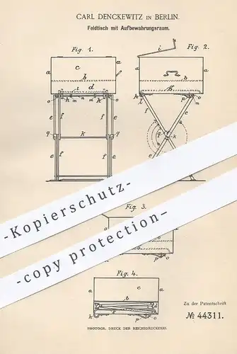 original Patent - Carl Denckewitz , Berlin , 1888 , Feldtisch mit Aufbewahrungsraum | Camping - Tisch | Tischler !!!