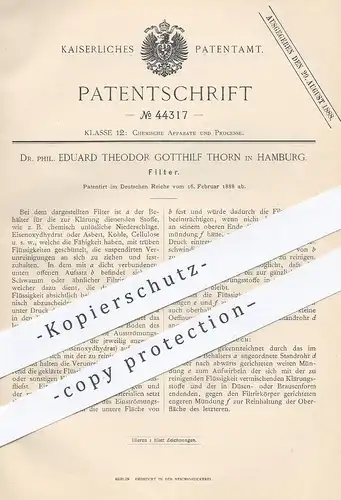 original Patent - Dr. Phil. Eduard Theodor Gotthilf Thorn , Hamburg , 1888 , Filter | Filtern , Filterung , Chemie !!!