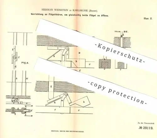 original Patent - Hermann Weisstein , Karlsruhe , 1884 , Flügeltüren mit gleichzeitiger Öffnung beider Flügel | Tür !!